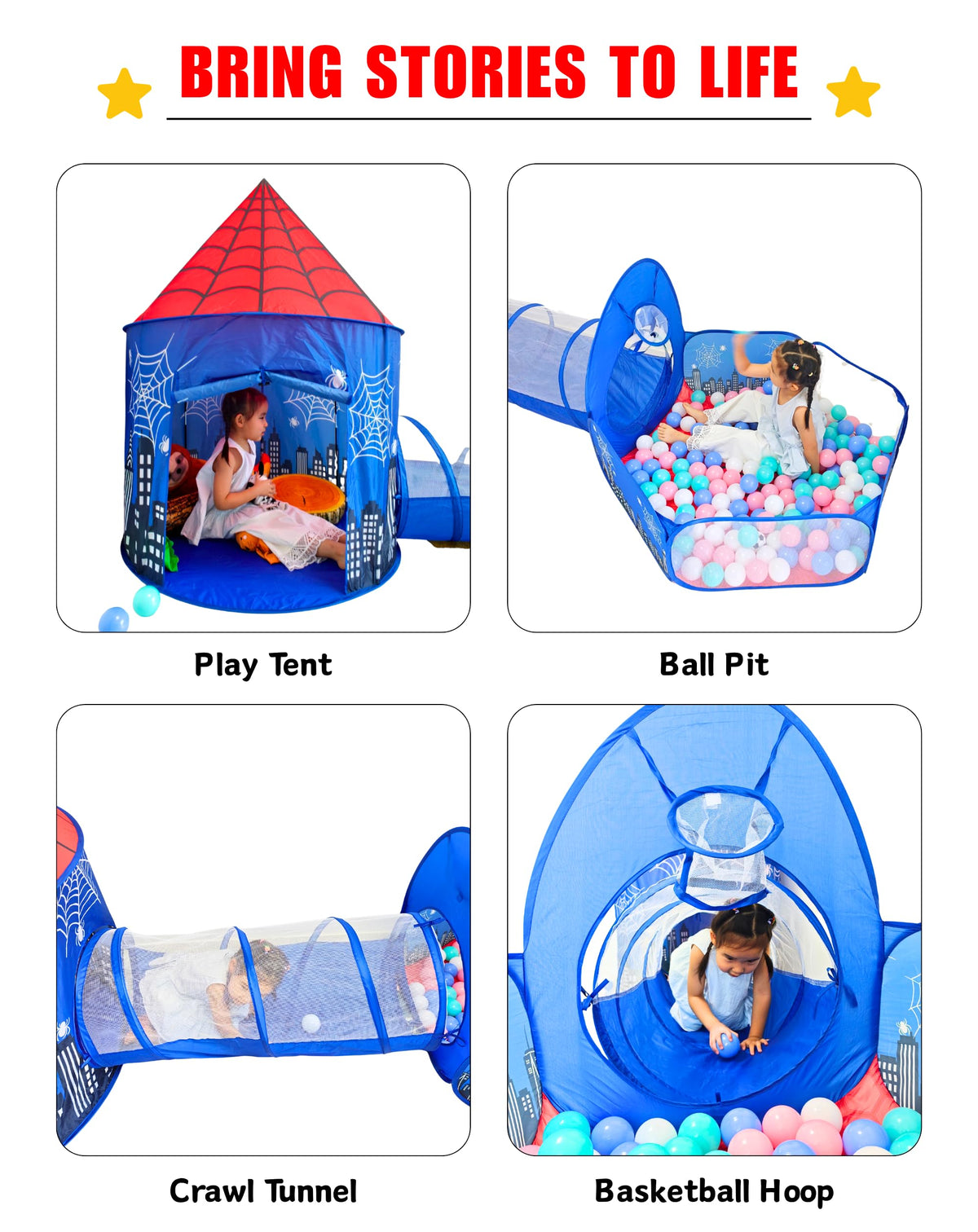 3-in-1 Kids Play Tent with Tunnel, Pop-up Spider Play Tent & Ball Pit for Toddlers