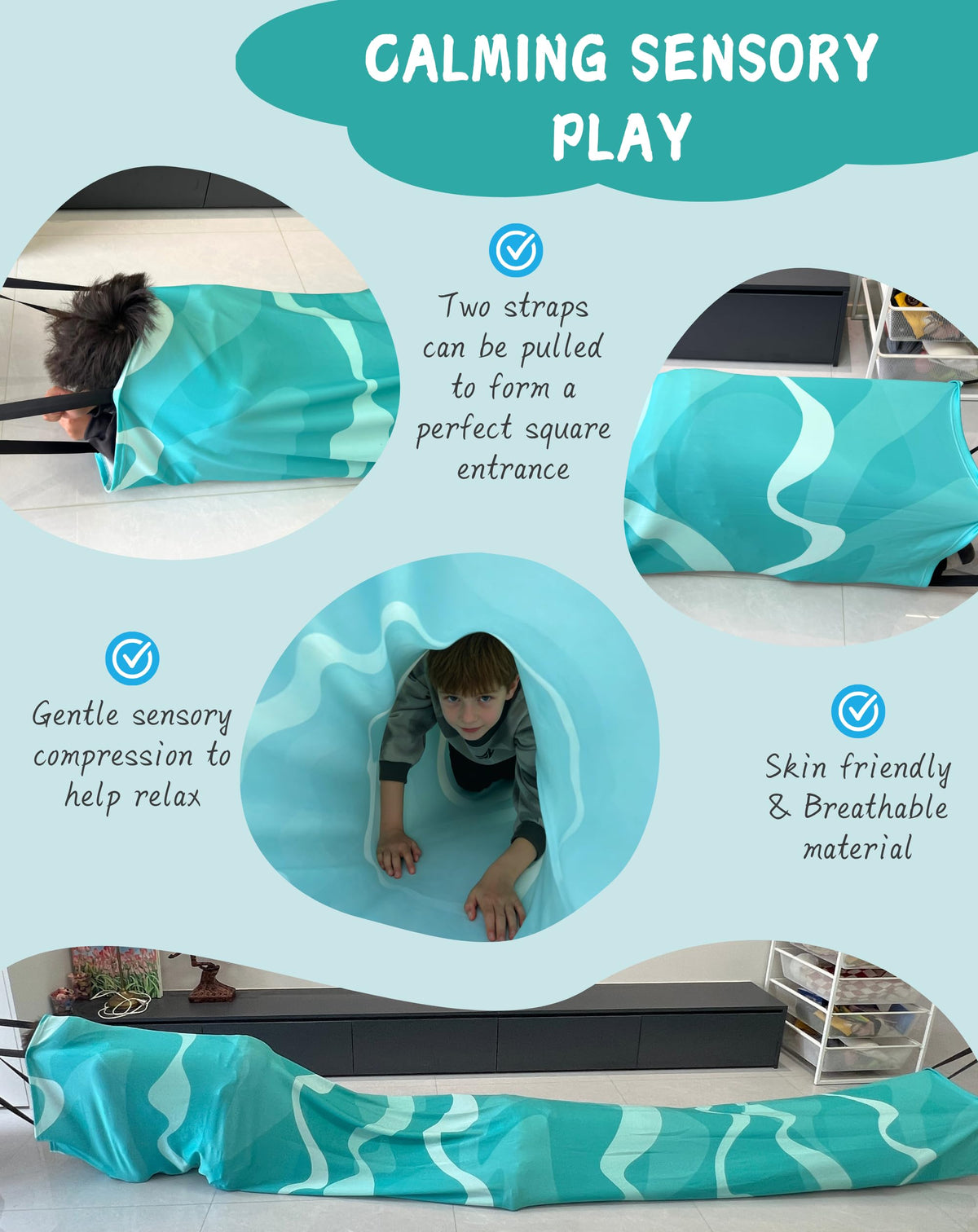 10 Ft Sensory Compression Tunnel for Kids- Aqua