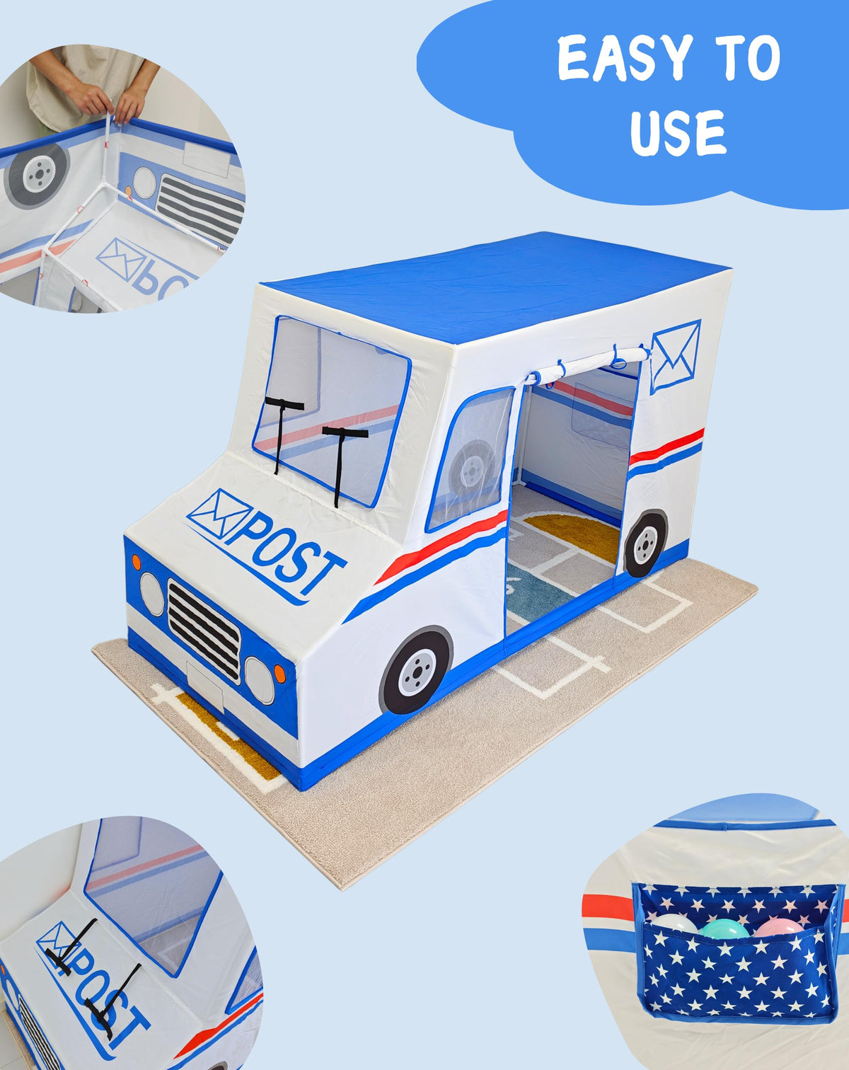 Kids Play Tent, Mail Delivery Truck Playhouse for Ages 3-8 Indoor & Outdoor
