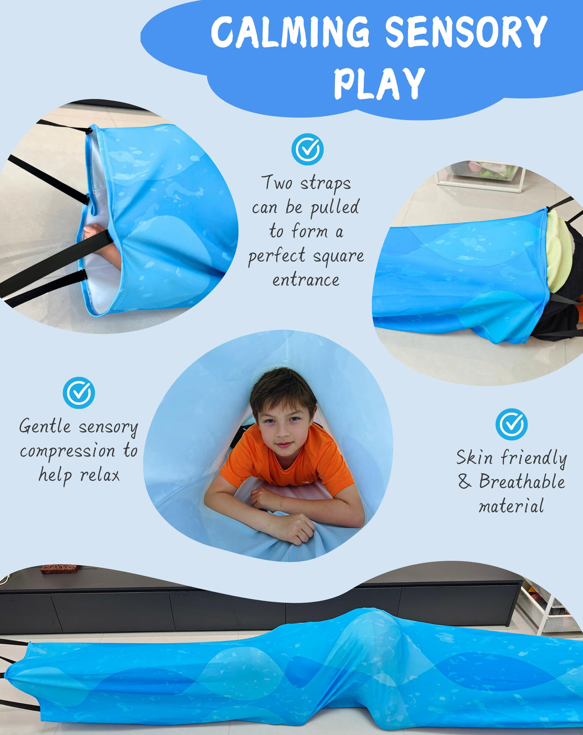 10 Ft Sensory Compression Tunnel for Kids- Lake Blue