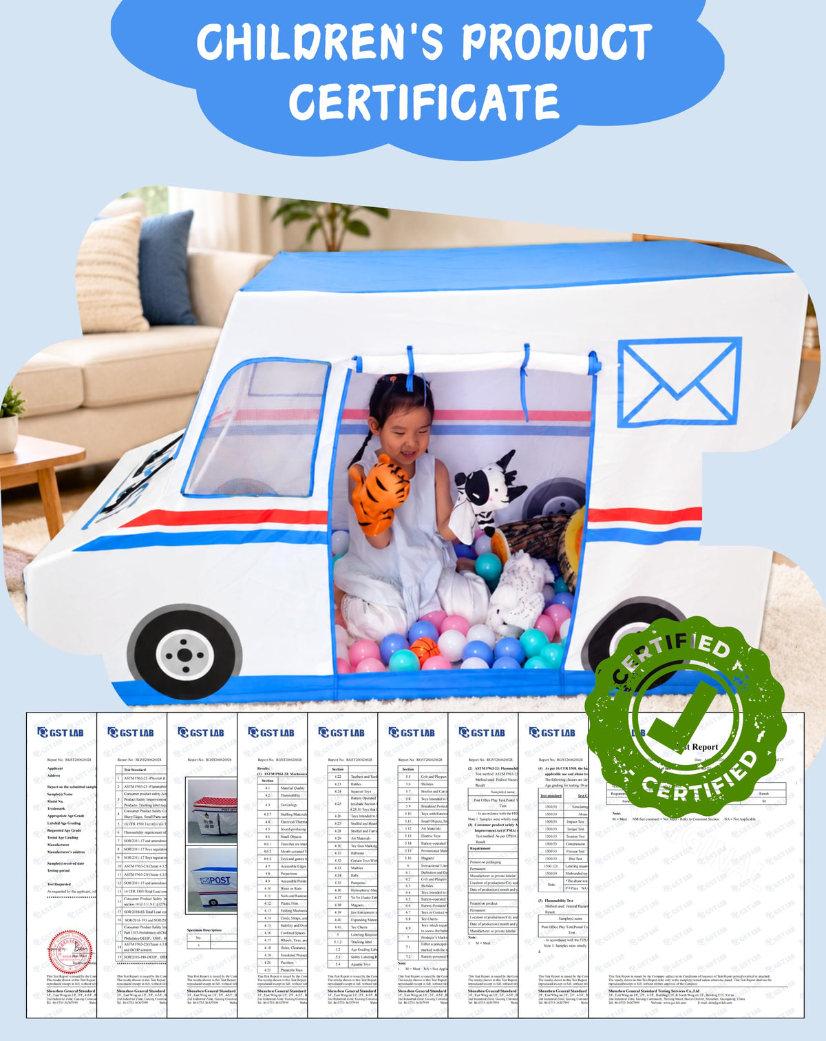 Kids Play Tent, Mail Delivery Truck Playhouse for Ages 3-8 Indoor & Outdoor