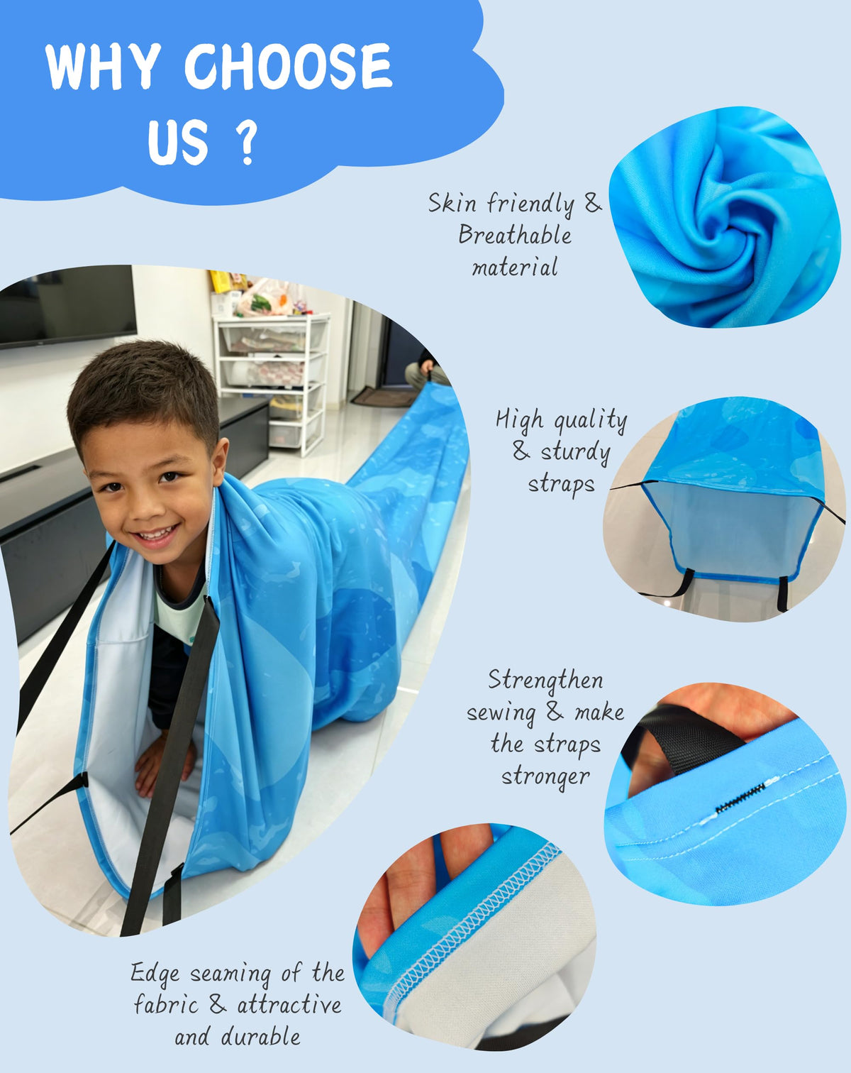 10 Ft Sensory Compression Tunnel for Kids- Lake Blue