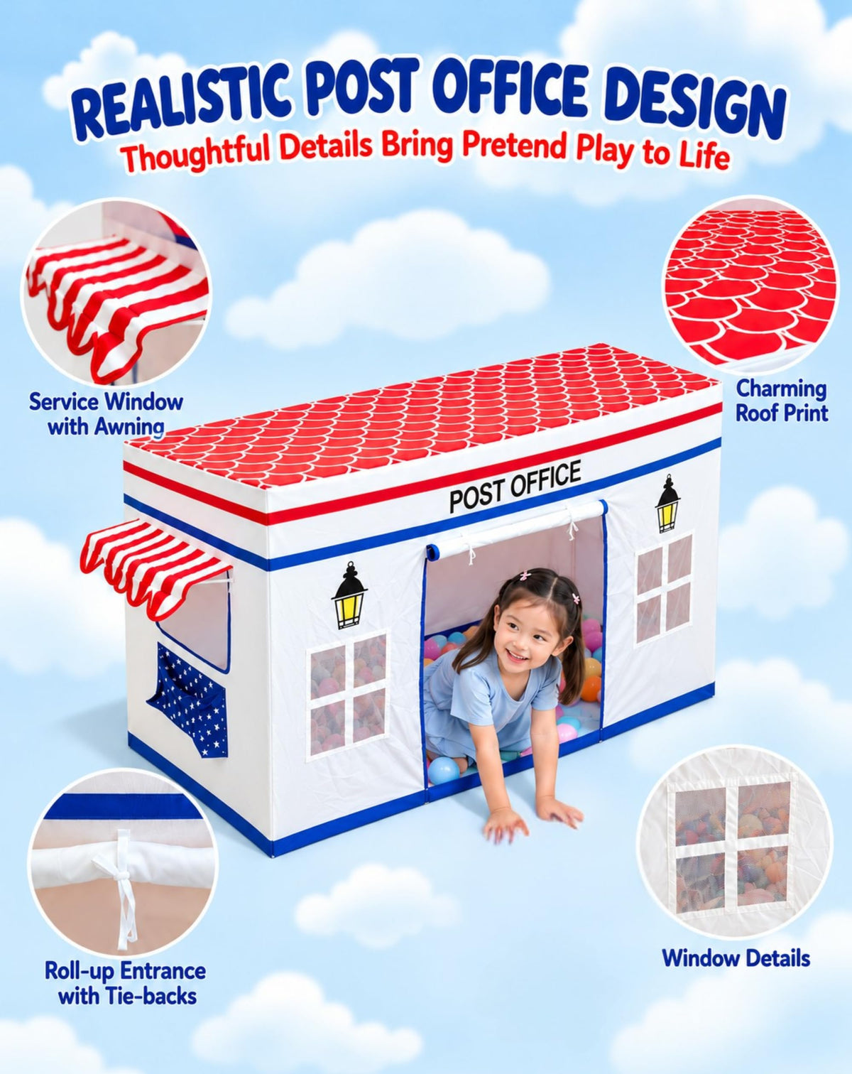 Post Office Play Tent for Kids, Mail-Day Pretend Playhouse Indoor Outdoor