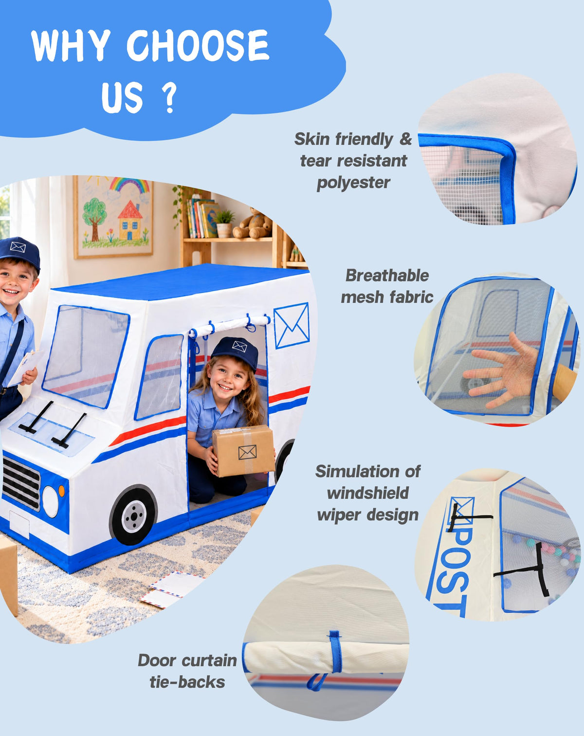 Kids Play Tent, Mail Delivery Truck Playhouse for Ages 3-8 Indoor & Outdoor